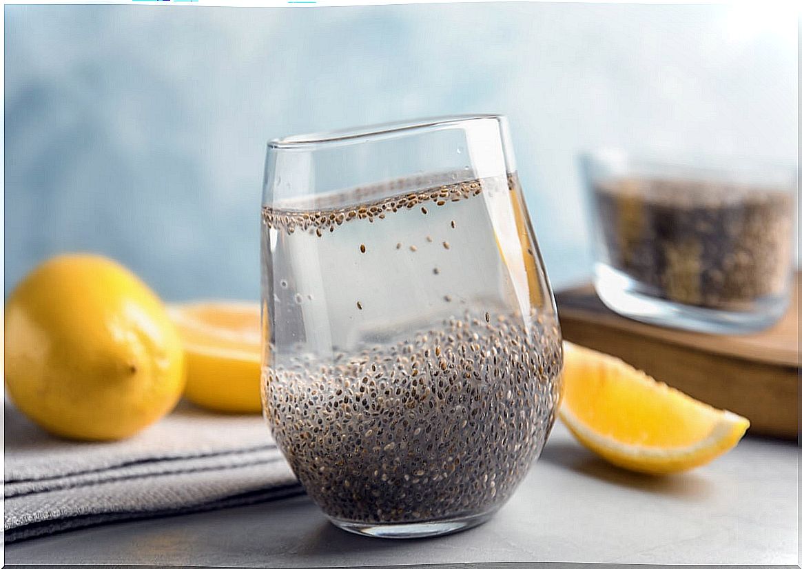 Glass with chia water.