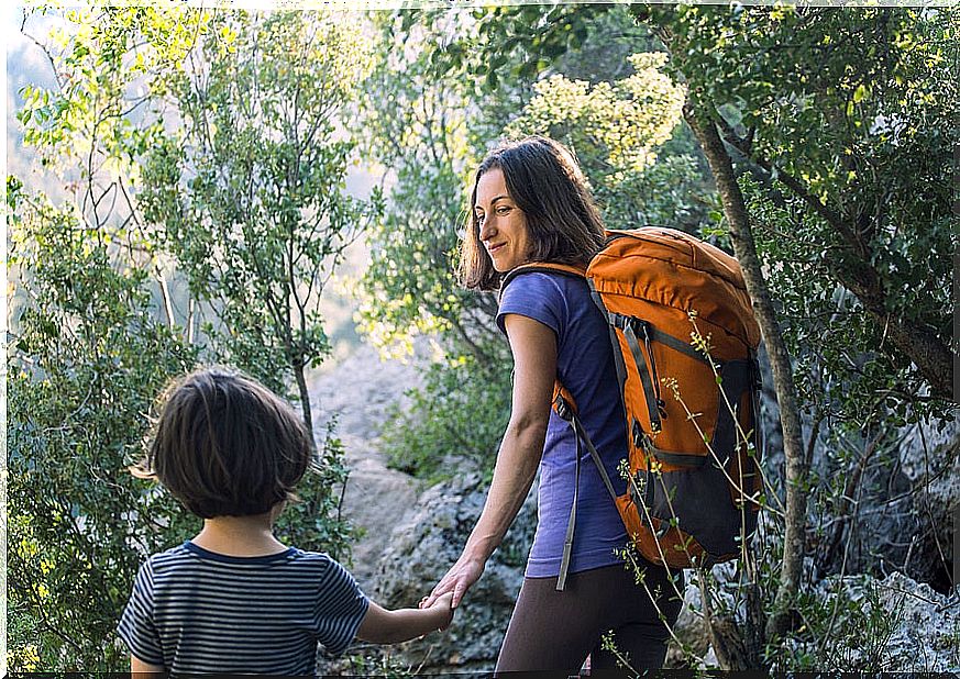 Mother and son holding hands through the woods.