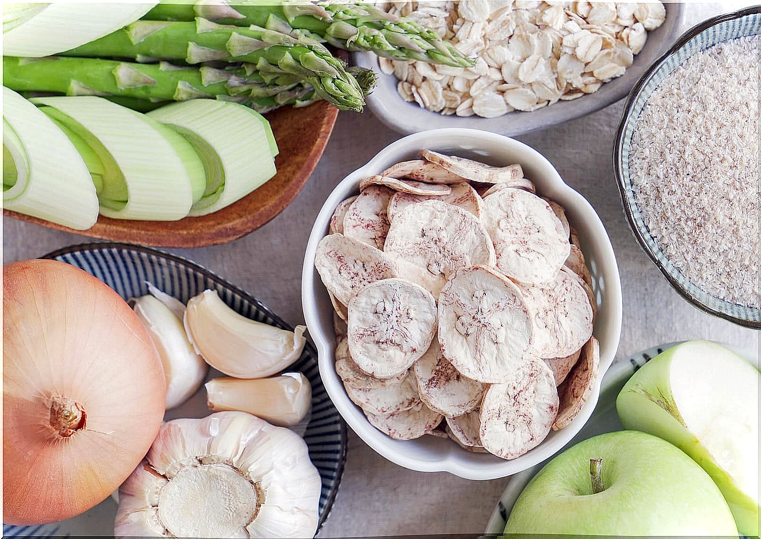 Prebiotic foods on a table.